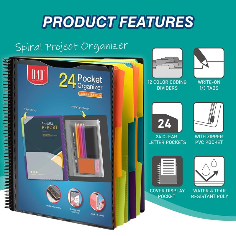 H4D 24 Pocket Poly Project Organizer, Spiral Multi Pocket Folder Organizer, Multi-Subject Folder Notebook, Letter Size - Image 2